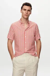 D'S Damat Ds Damat Slim Fit Red Seersucker Striped Short Sleeve Summer Shirt - Image 2