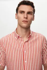 D'S Damat Ds Damat Slim Fit Red Seersucker Striped Short Sleeve Summer Shirt - Image 3