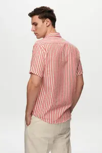 D'S Damat Ds Damat Slim Fit Red Seersucker Striped Short Sleeve Summer Shirt - Image 4