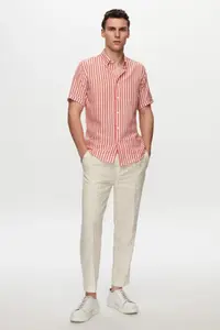 D'S Damat Ds Damat Slim Fit Red Seersucker Striped Short Sleeve Summer Shirt - Image 6