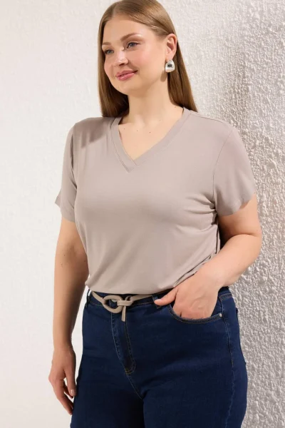 Trendyol Curve Stone Regular Fit V-neck Plus Size T-Shirt