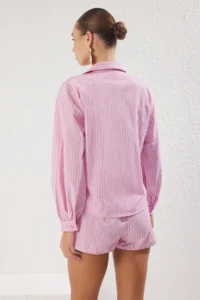 TRENDYOLMİLLA Mavi Striped Weaving Beach Shirt Shorts Set - Image 4