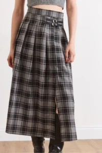 Olalook Women's Anthracite Plaid Pleated Double Buckle Slit Skirt - Image 4