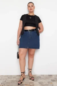 Trendyol Curve Mavi High Waist 100% Non-Stretch Cotton A Shape denim Skirt - Image 2