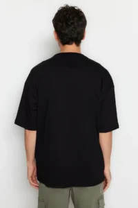 MAN Black Oversized/Wide Cut Crew Neck Short Sleeve Dinosaur Embroidered T-Shirt - Image 2