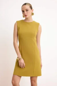 TRENDYOLMİLLA Oil Green padded Plain Sleeveless Mini Flexible Weaving Dress