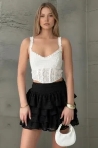 Trend Alaçatı Stili Women's Black Hidden Zipper Layered Flounce Lined Lace Skirt Alc-X15310 - Image 3