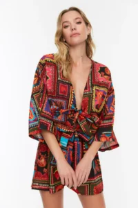 TRENDYOLMiLLA beachwear 100% Cotton Tile Patterned Weaving Binding Detailed Shirt Shorts Set - Image 5