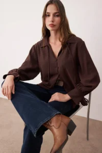TRENDYOLMİLLA Sustainable Dark Brown Boho Modal Binding Detailed Oversized Modal Shirt - Image 6