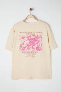 Trendyol Curve Beige Oversized Fit 100% Cotton Front and Back Printed Knitting Plus Size T-Shirt - Image 8