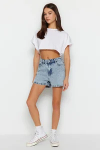 TRENDYOLMiLLA Light Blue High Waist City Size denim Shorts - Image 3