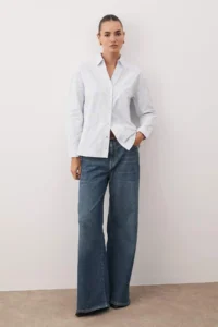 TRENDYOLMİLLA Mavi Striped flower patterned Cotton Oversized Wide Pattern Weaving Shirt - Image 3