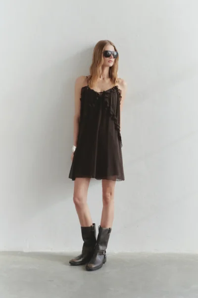 TRENDYOLMİLLA Brown Frilly Mini Weaving Dress