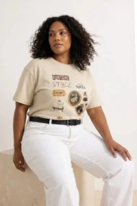 Trendyol Curve Stone 100% Cotton Printed Oversized Pattern Crew Neck Plus Size Knitting T-Shirt - Image 2