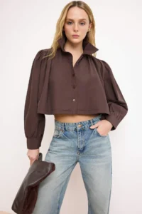 TRENDYOLMİLLA Brown Shirred Short/Crop Kesim Shirt - Image 2