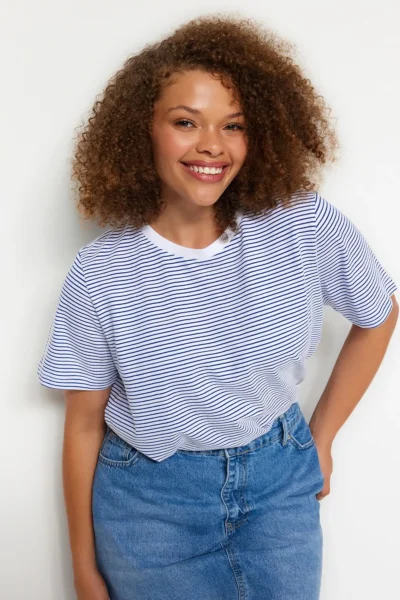 Trendyol Curve Navy Blue Striped Crew Neck Striped Knitting T-Shirt