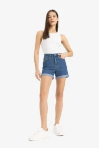 DeFacto Normal Waist Folded Leg Basic Straight Jean Shorts