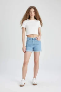 DeFacto Normal Waist Folded Leg Basic Straight Jean Shorts