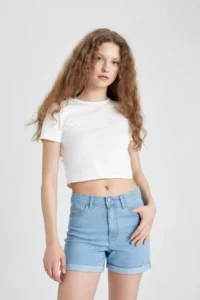 DeFacto Normal Waist Folded Leg Basic Straight Jean Shorts - Image 3