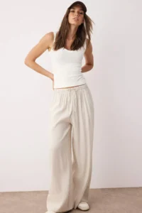 TRENDYOLMİLLA Stone Linen Content Wide Leg/Wide Leg Elastic Waist Pants