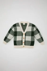 DeFacto Checked V-Neck Buttoned Knitwear Green Baby Boy Cardigan A3836A5/GN469