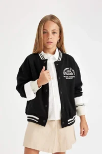DeFacto Girl's College Collar Snap Closure Pocket Seasonal Lightweight Thick Inside Soft Fuzzy Bomber Cardigan A481 - Image 4