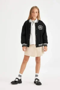DeFacto Girl's College Collar Snap Closure Pocket Seasonal Lightweight Thick Inside Soft Fuzzy Bomber Cardigan A481 - Image 5