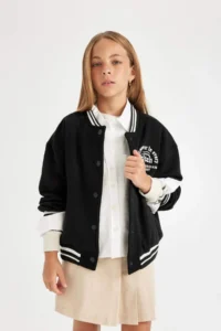 DeFacto Girl's College Collar Snap Closure Pocket Seasonal Lightweight Thick Inside Soft Fuzzy Bomber Cardigan A481 - Image 6
