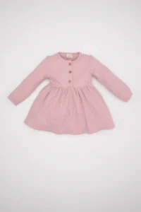 DeFacto Baby Girl Crew Neck Half Button Long Sleeve Ribbed Camisole Basic Plain Dress A7522a524au