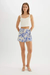 DeFacto High Waist Patterned Wide Leg Viscose Short Skirt