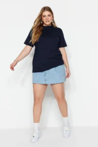 Trendyol Curve Navy Blue Ribbed Relaxed 100% Cotton Knitting T-Shirt - Image 4