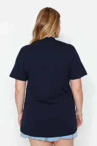 Trendyol Curve Navy Blue Ribbed Relaxed 100% Cotton Knitting T-Shirt - Image 5