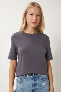 Happiness İstanbul Women Smoke Gray Cotton Basic Knitting T-Shirt