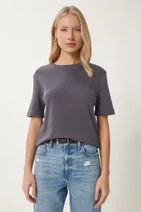 Happiness İstanbul Women Smoke Gray Cotton Basic Knitting T-Shirt - Image 2