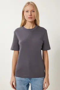 Happiness İstanbul Women Smoke Gray Cotton Basic Knitting T-Shirt - Image 4