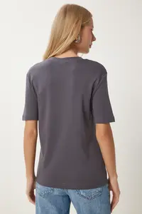 Happiness İstanbul Women Smoke Gray Cotton Basic Knitting T-Shirt - Image 6