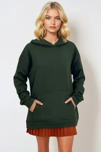 Trend Alaçatı Stili Women's Khaki Hooded Kangaroo Pocket 3 Thread Thick Sweatshirt