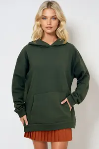 Trend Alaçatı Stili Women's Khaki Hooded Kangaroo Pocket 3 Thread Thick Sweatshirt - Image 2