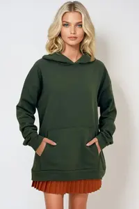 Trend Alaçatı Stili Women's Khaki Hooded Kangaroo Pocket 3 Thread Thick Sweatshirt - Image 3