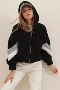 Trend Alaçatı Stili Black-Grey Hooded Zippered Sleeves Color Blocked Oversized Plush Sweatshirt - Image 2