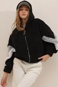 Trend Alaçatı Stili Black-Grey Hooded Zippered Sleeves Color Blocked Oversized Plush Sweatshirt - Image 4