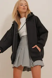 Trend Alaçatı Stili Women's Black Hooded Kangaroo Pocket Zippered Ribbon Sweatshirt