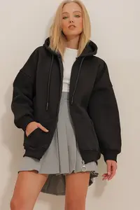 Trend Alaçatı Stili Women's Black Hooded Kangaroo Pocket Zippered Ribbon Sweatshirt - Image 2