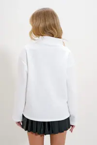 Trend Alaçatı Stili Women's White Stand-Up Collar Snap Closure Sweatshirt - Image 7