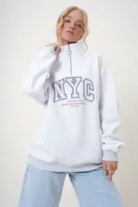 Trend Alaçatı Stili Grimelange High Collar Zipper Front Embroidered Oversized 3 Thread Racking Unisex Sweatshirt