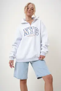 Trend Alaçatı Stili Grimelange High Collar Zipper Front Embroidered Oversized 3 Thread Racking Unisex Sweatshirt - Image 4