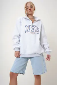 Trend Alaçatı Stili Grimelange High Collar Zipper Front Embroidered Oversized 3 Thread Racking Unisex Sweatshirt - Image 5