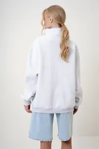 Trend Alaçatı Stili Grimelange High Collar Zipper Front Embroidered Oversized 3 Thread Racking Unisex Sweatshirt - Image 6