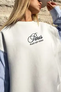 Trend Alaçatı Stili Women's White Crew Neck Shirt Sleeve Garnished 3 Thread Embroidered Sweatshirt - Image 3