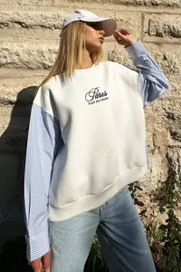 Trend Alaçatı Stili Women's White Crew Neck Shirt Sleeve Garnished 3 Thread Embroidered Sweatshirt - Image 4